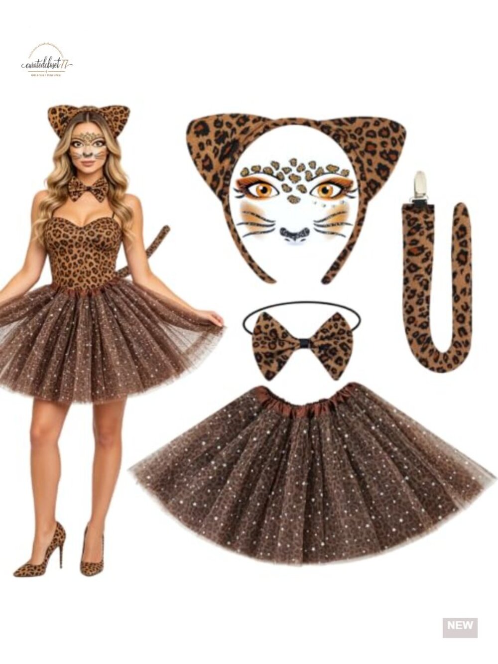 5pc Cheetah Costume Set Plush Ears Headband Bow Tie Tail Tutu Animal Print